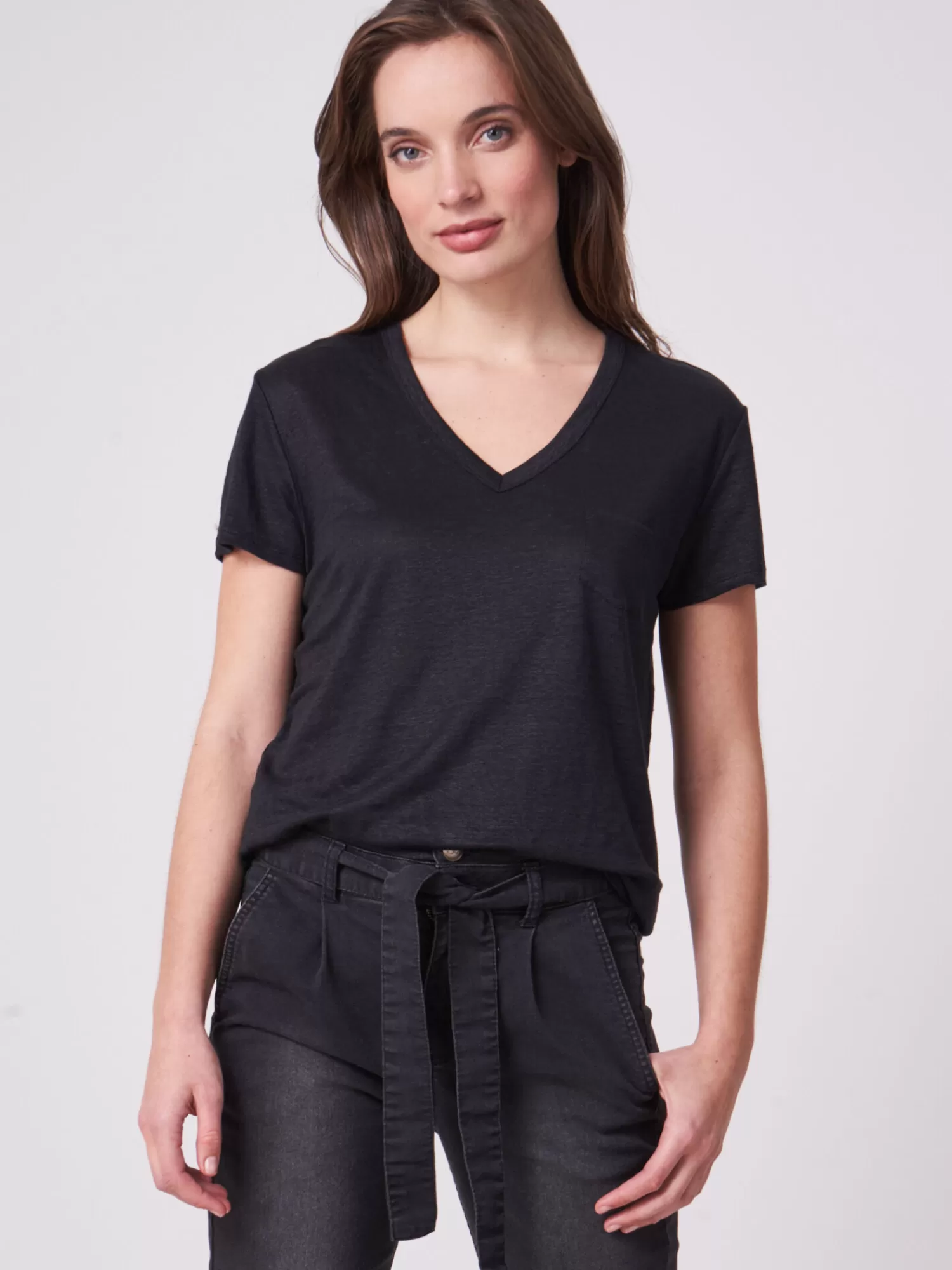 Sale Basic Puur Linnen V-Hals T-Shirt Met Borstzakje Dames Tops