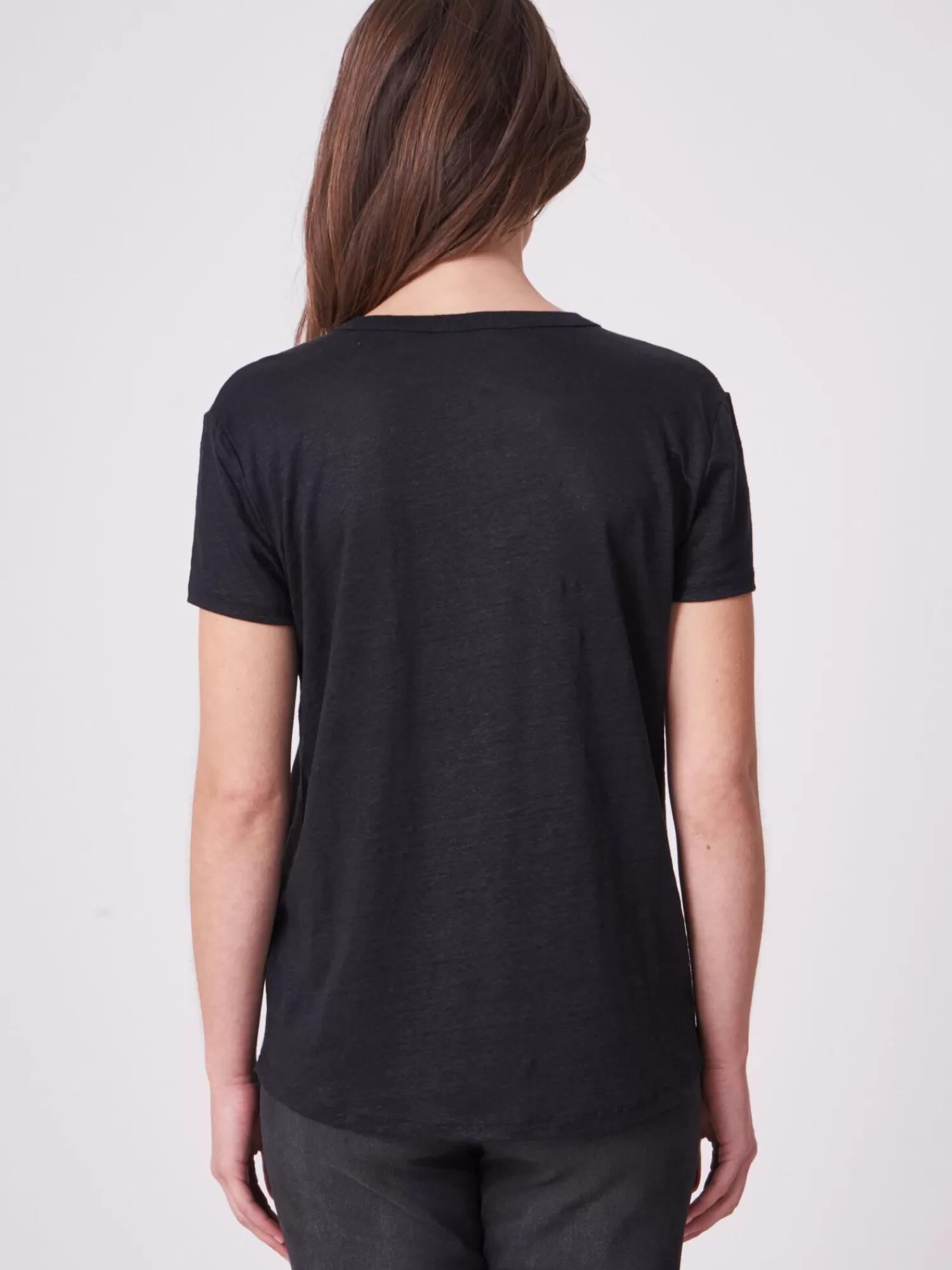 Sale Basic Puur Linnen V-Hals T-Shirt Met Borstzakje Dames Tops