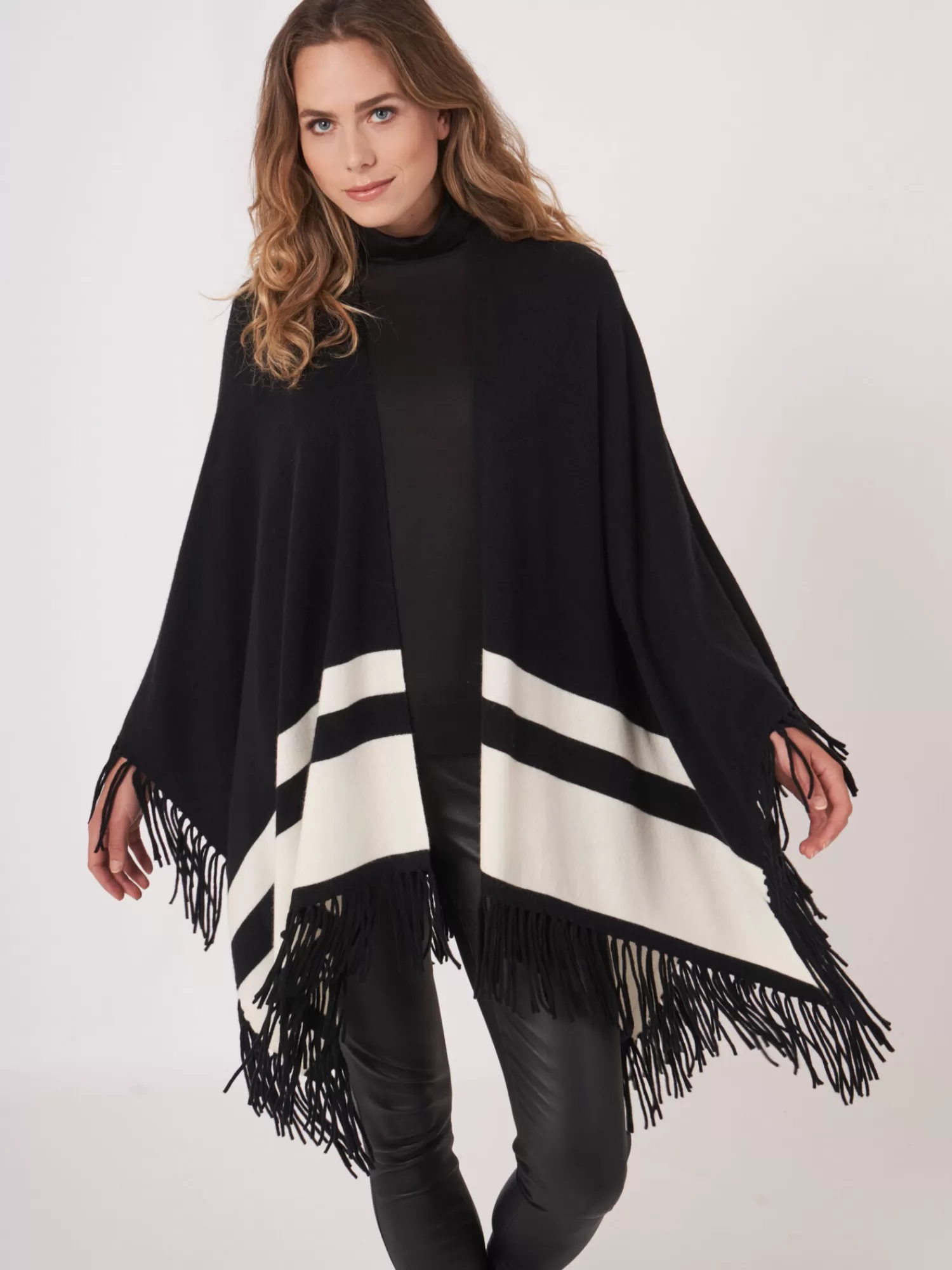 Cheap Cape Met Strepen En Franje Van Cashmere Melange Dames Poncho's