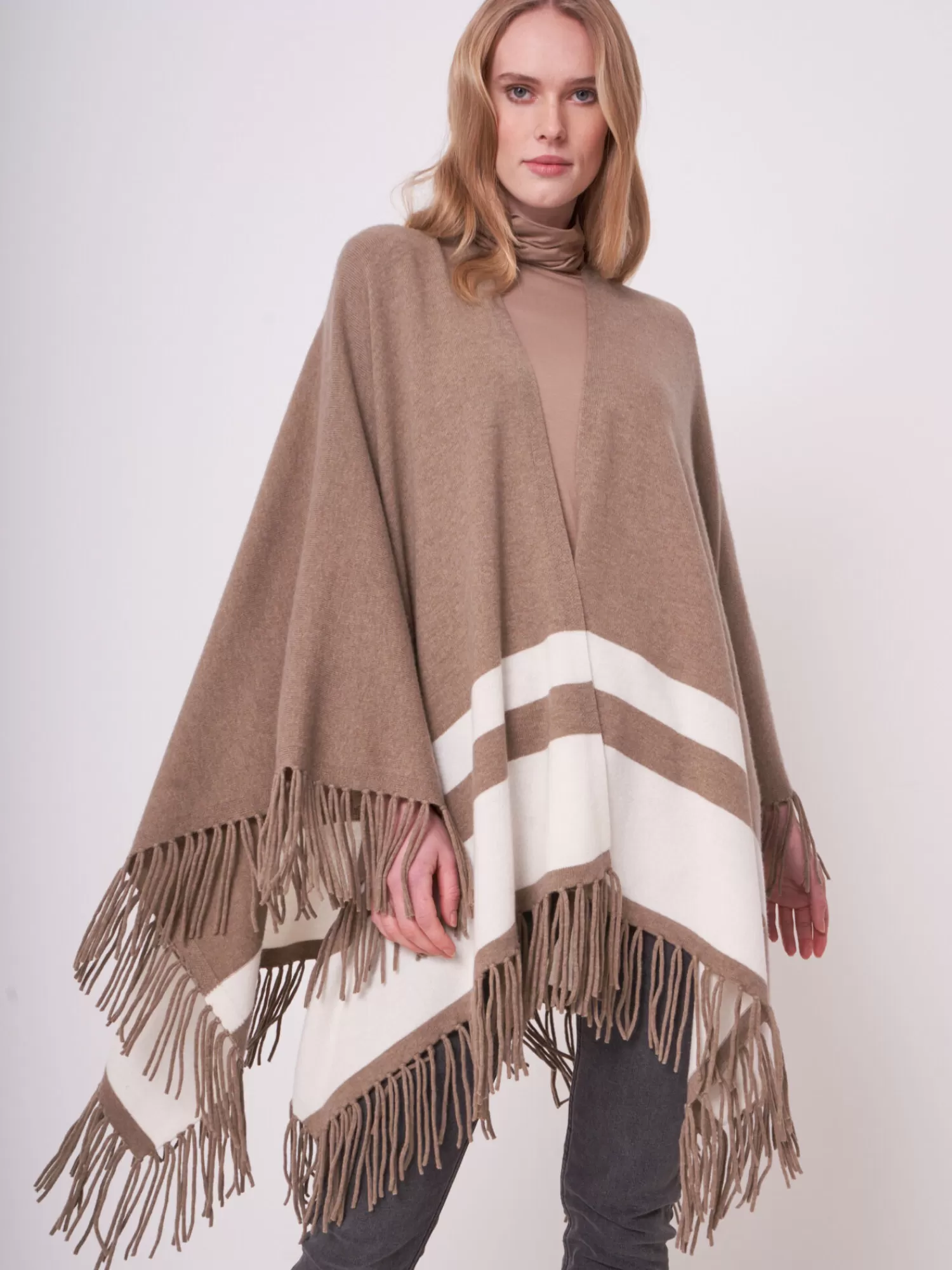 Outlet Cape Met Strepen En Franje Van Cashmere Melange Dames Poncho's