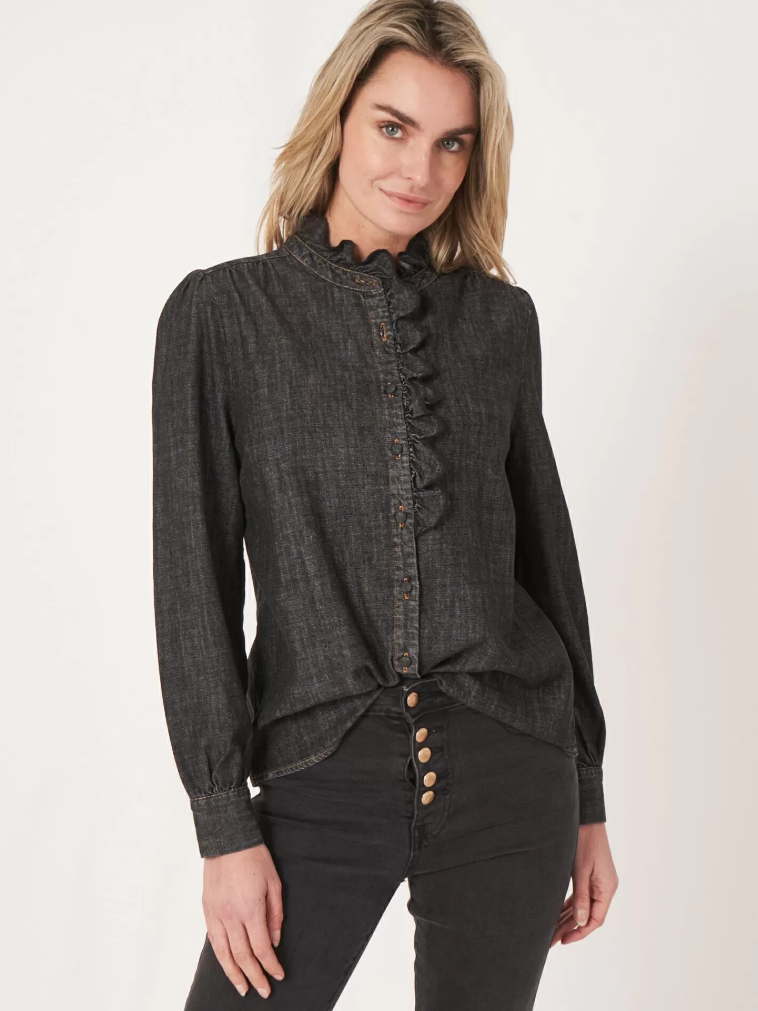 Flash Sale Denim Blouse Met Ruche Dames Blouses