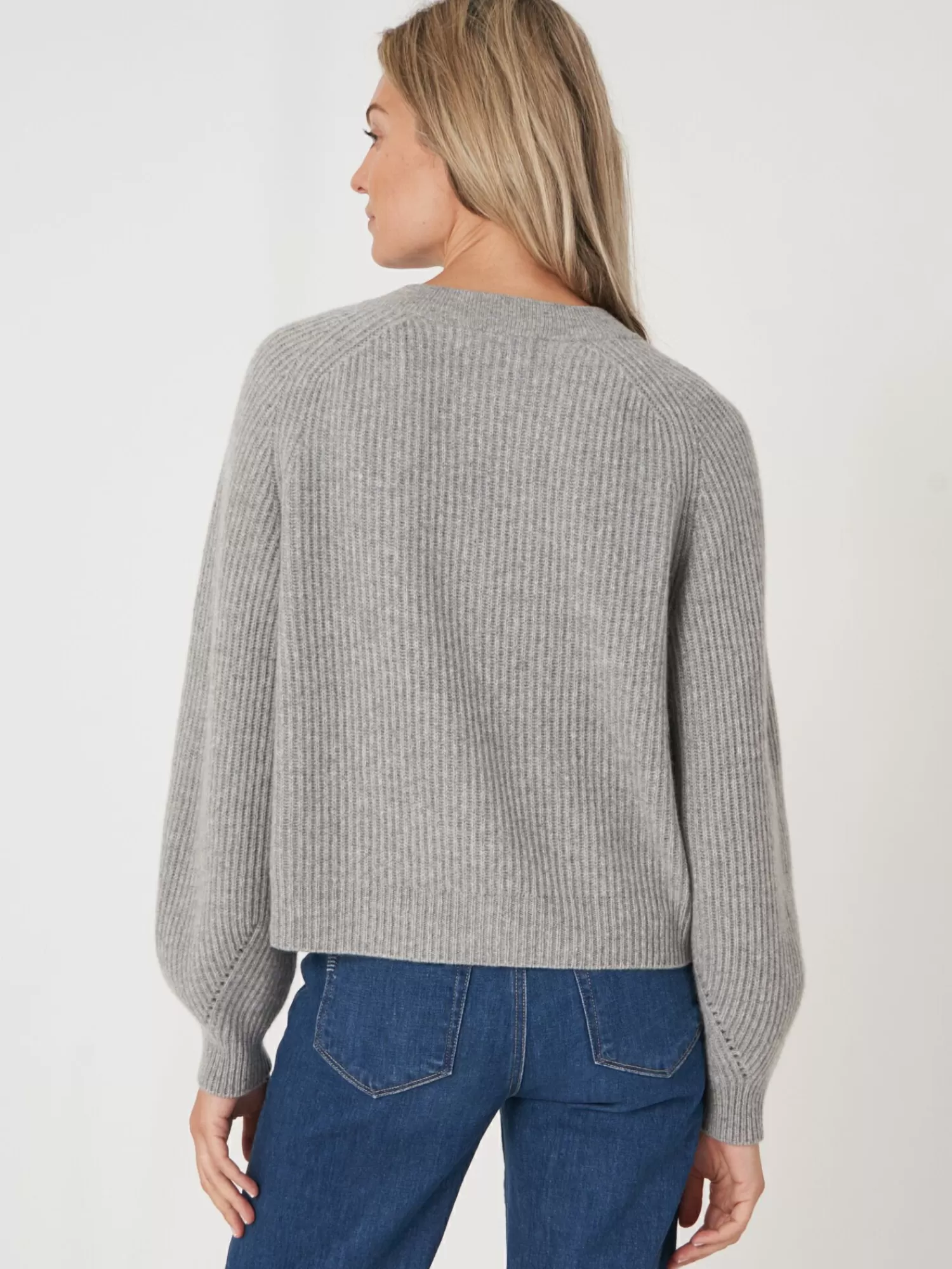 Best Sale Geribde Cashmere Cardigan Met Pofmouwen Dames Vesten