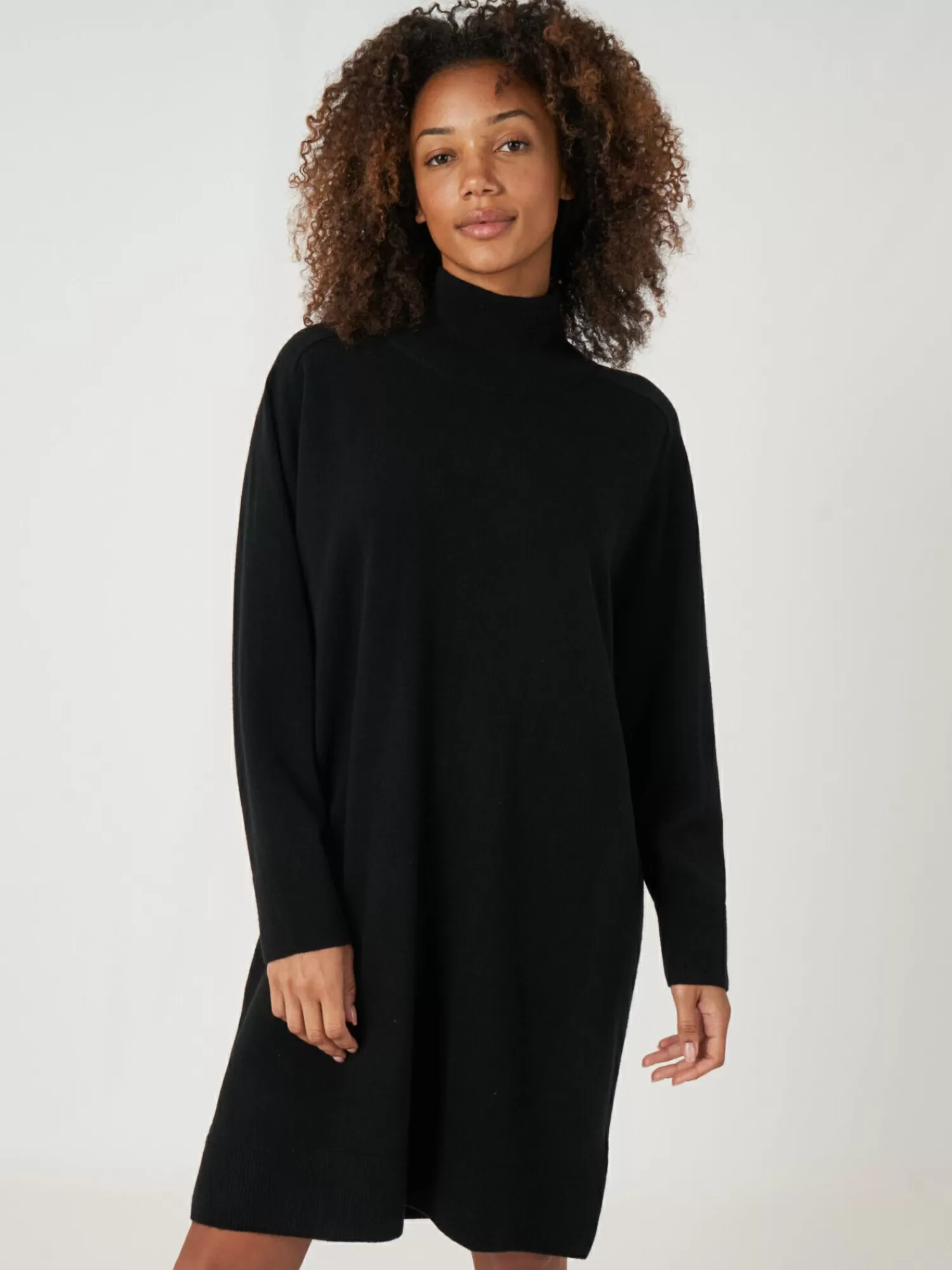 Fashion Loose Fit Cashmere Gebreide Jurk Met Geribde Opstaande Kraag Dames Jurken En Rokken